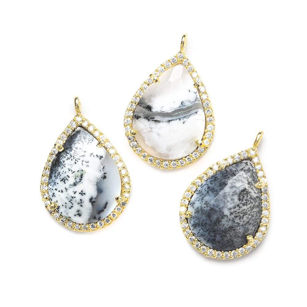 19x15mm Gold Bezeled White CZ and Dendritic Opal Pear Pendant 1 piece - Beadsofcambay.com