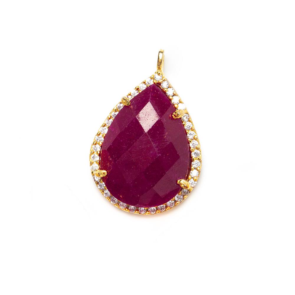 19x15mm Gold Bezeled White CZ and Red Aventurine Pear Pendant 1 piece - Beadsofcambay.com