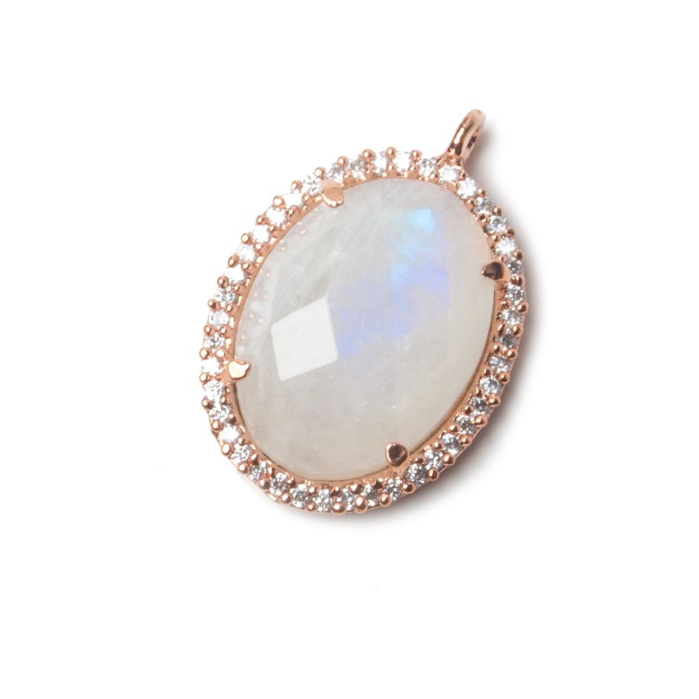 19x15mm Rose Gold Bezeled CZ & Rainbow Moonstone Oval Pendant 1 pc - Beadsofcambay.com