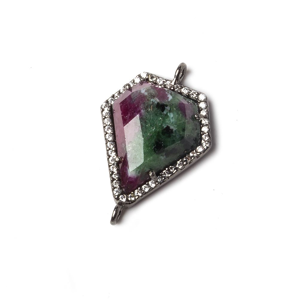 19x16mm Black Gold Bezeled White CZ and Ruby in Zoisite Shield Connector 1 piece - Beadsofcambay.com