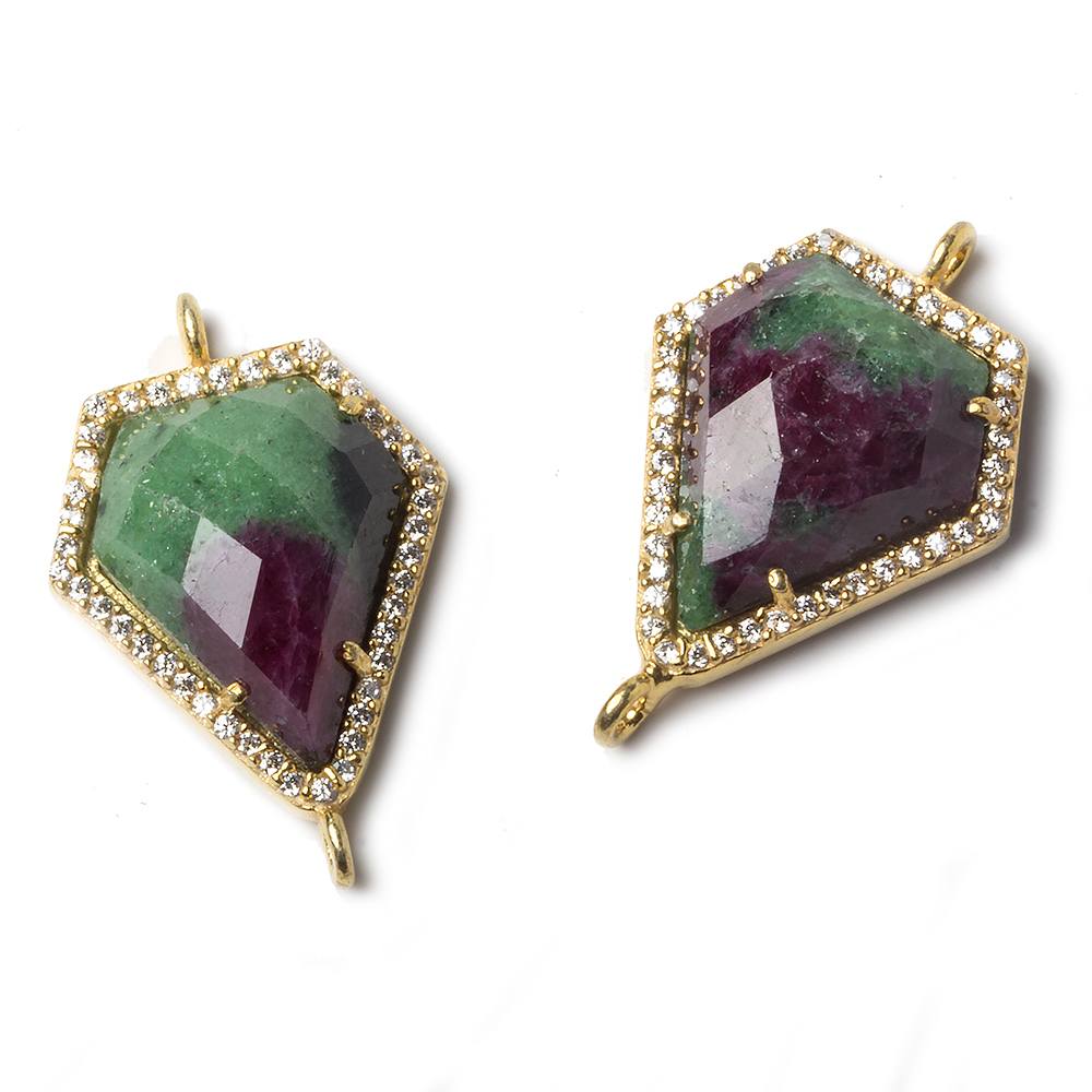 19x16mm Gold Bezeled White CZ and Ruby in Zoisite Shield Connector 1 piece - Beadsofcambay.com