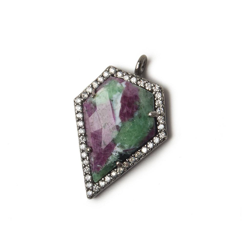 19x17mm Black Gold Bezel White CZ and Ruby in Zoisite Modified Shield Pendant 1 focal piece - Beadsofcambay.com