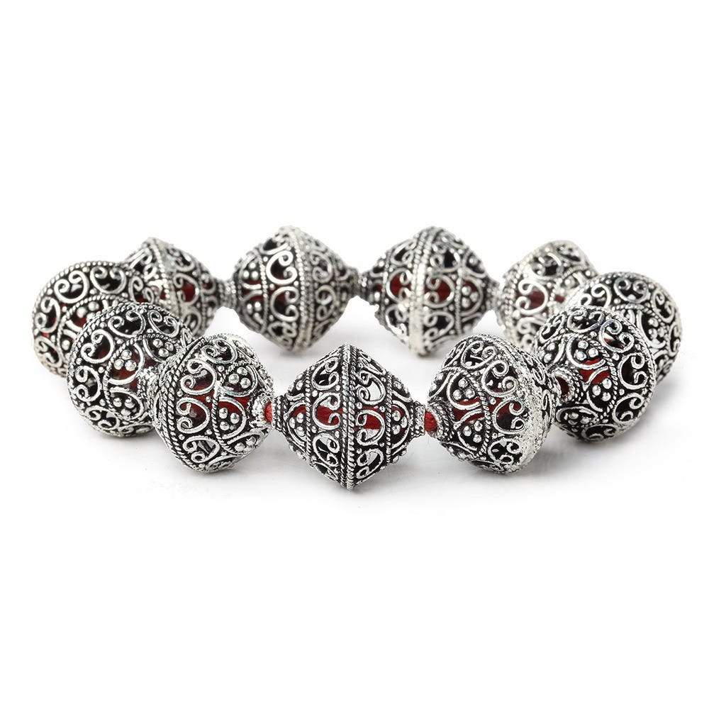 19x18mm Antiqued Sterling Silver Plated Copper Miligrain and Scroll BiCone 8 inch 11 pcs - Beadsofcambay.com