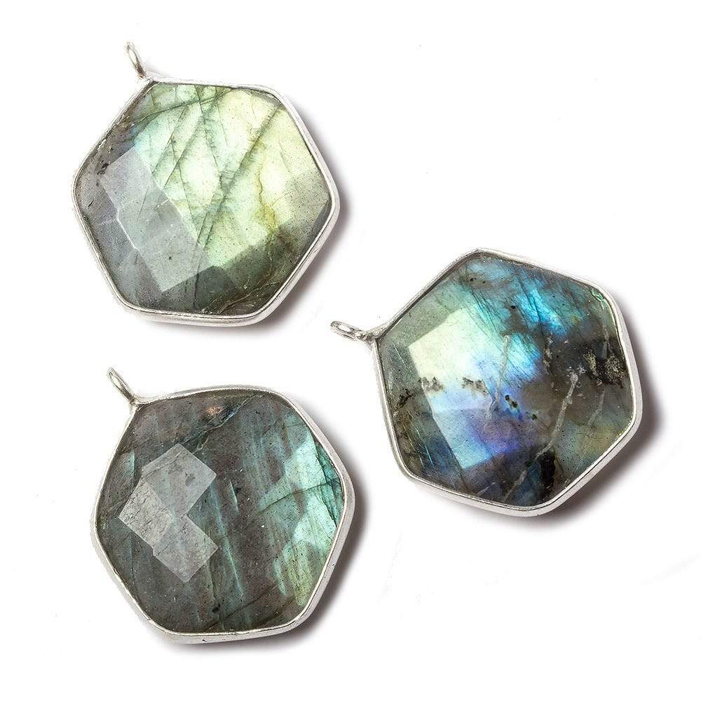 19x19mm Sterling Silver bezel Labradorite Faceted Hexagon Pendant 1 focal bead - Beadsofcambay.com