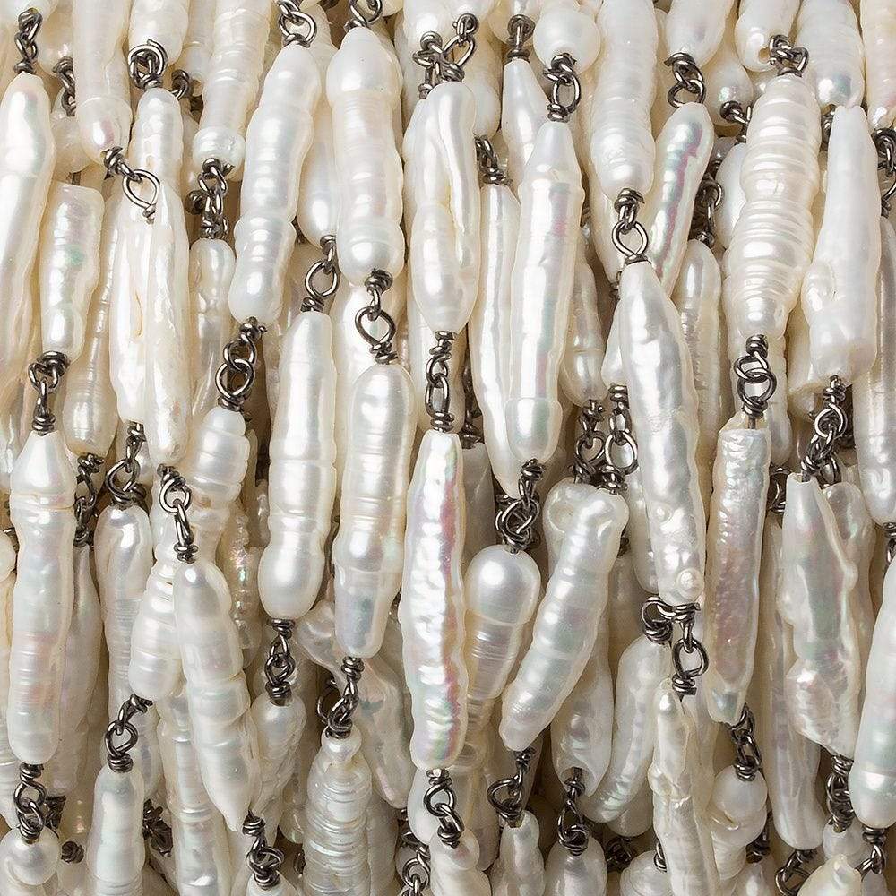 19x4mm White Biwa Pearl Black Gold .925 Silver Chain by the foot 11 pcs - Beadsofcambay.com