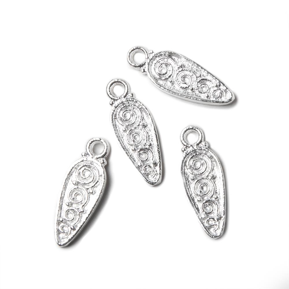 19x7mm Silver plated Pear Charm with Scrollwork Set of 4 - Beadsofcambay.com