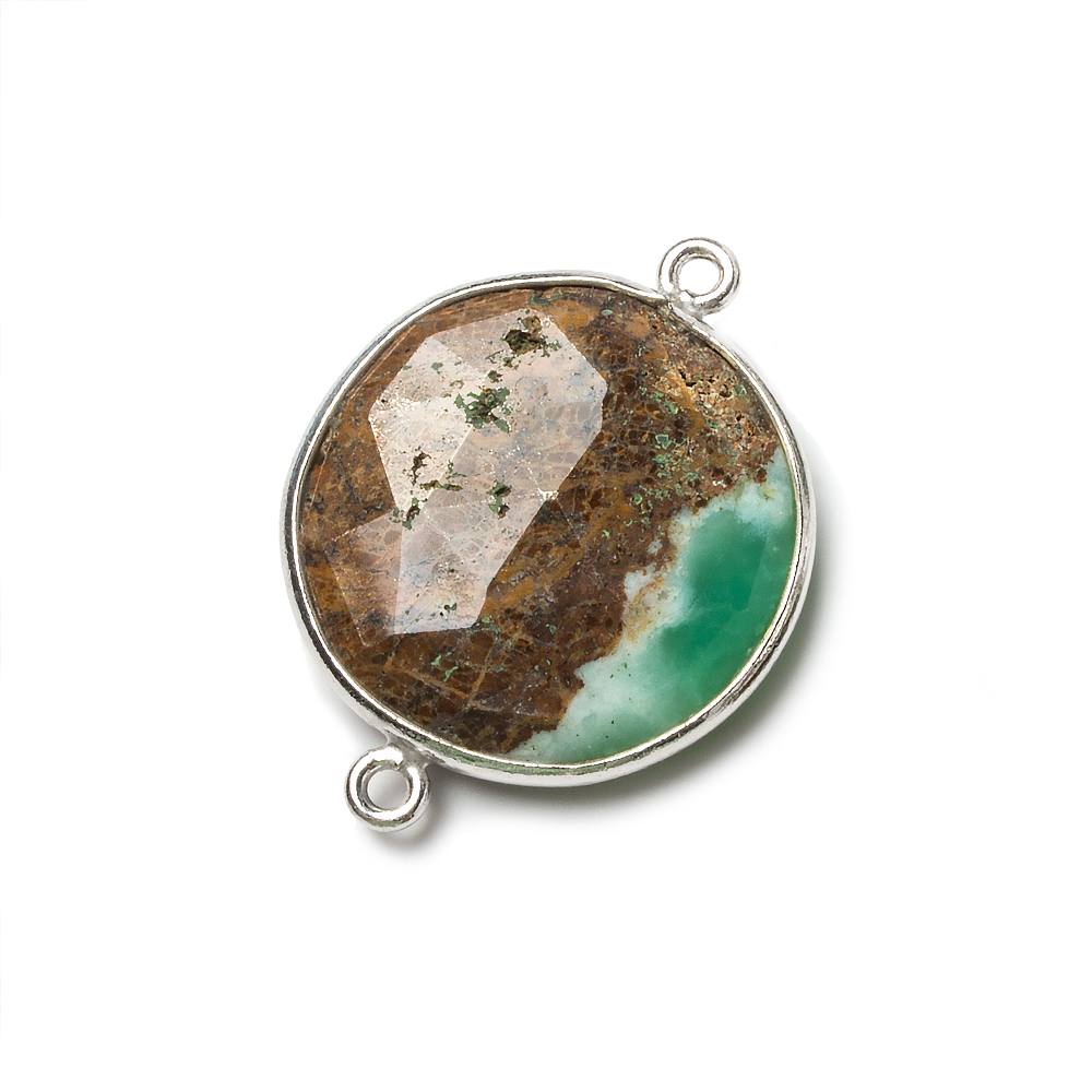 21.5mm Silver Bezel Chrysoprase & Matrix faceted coin Connector 1 piece - Beadsofcambay.com