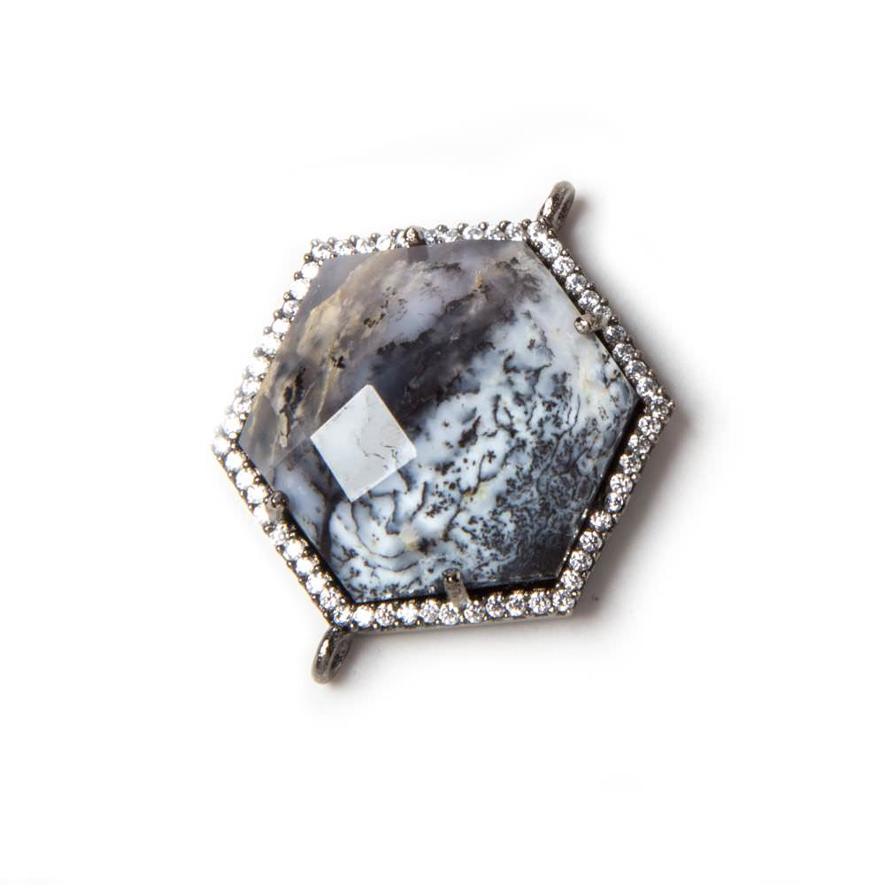21mm Black Gold Bezeled White CZ & Dendritic Opal Hexagon Connector 1 pc - Beadsofcambay.com