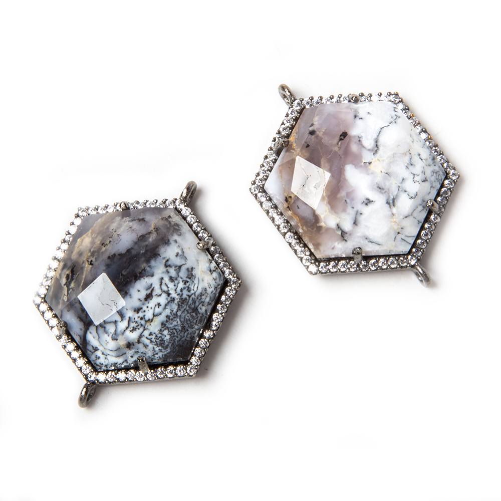 21mm Black Gold Bezeled White CZ & Dendritic Opal Hexagon Connector 1 pc - Beadsofcambay.com