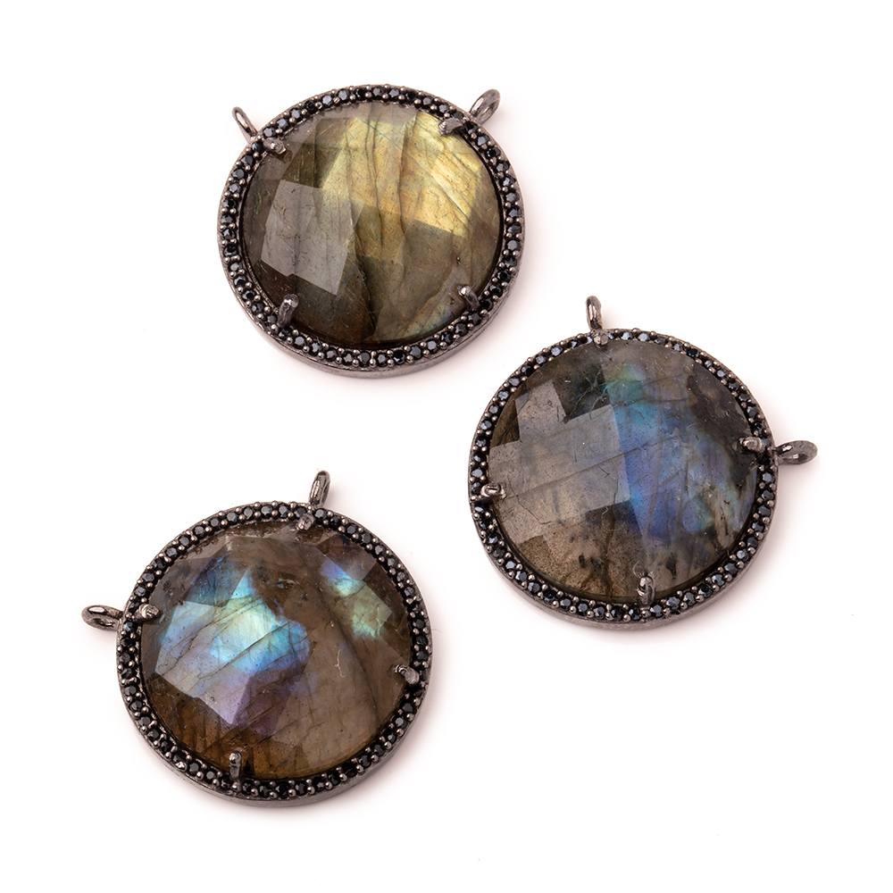 21mm Black Gold & Black CZ Bezel Labradorite Coin Connector 1 Focal Bead - Beadsofcambay.com
