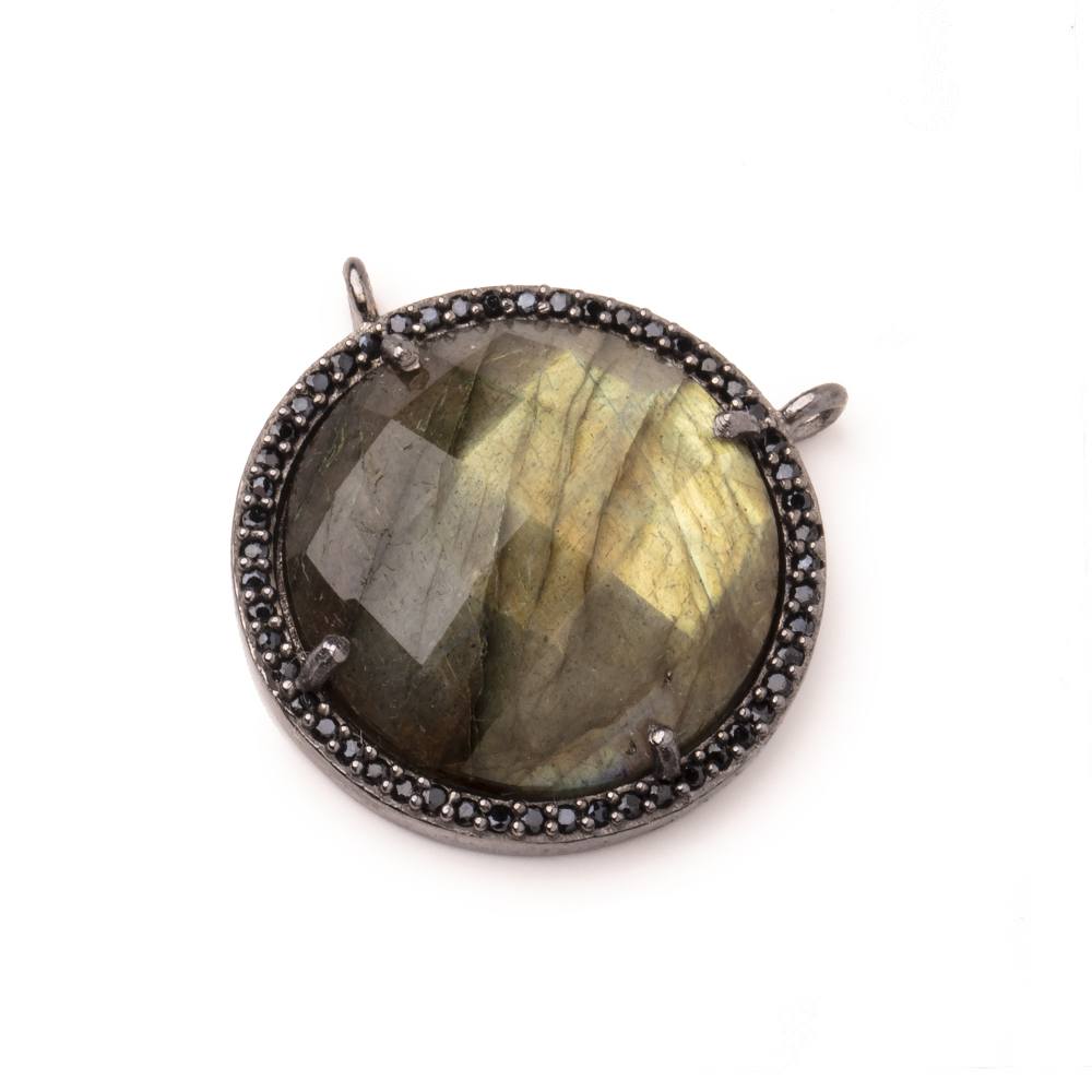 21mm Black Gold & Black CZ Bezel Labradorite Coin Connector 1 Focal Bead - Beadsofcambay.com