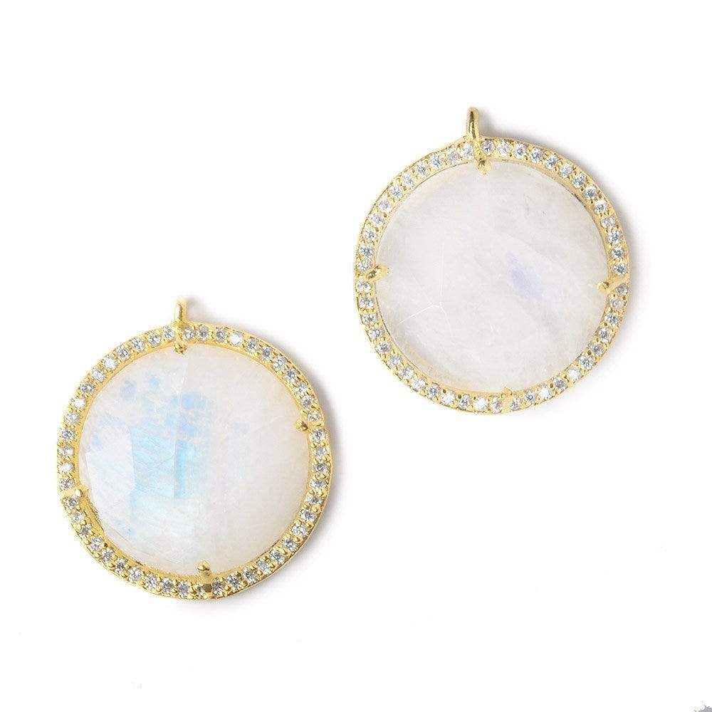 21mm Gold Bezel White CZ and Rainbow Moonstone Coin Pendant 1 focal bead - Beadsofcambay.com