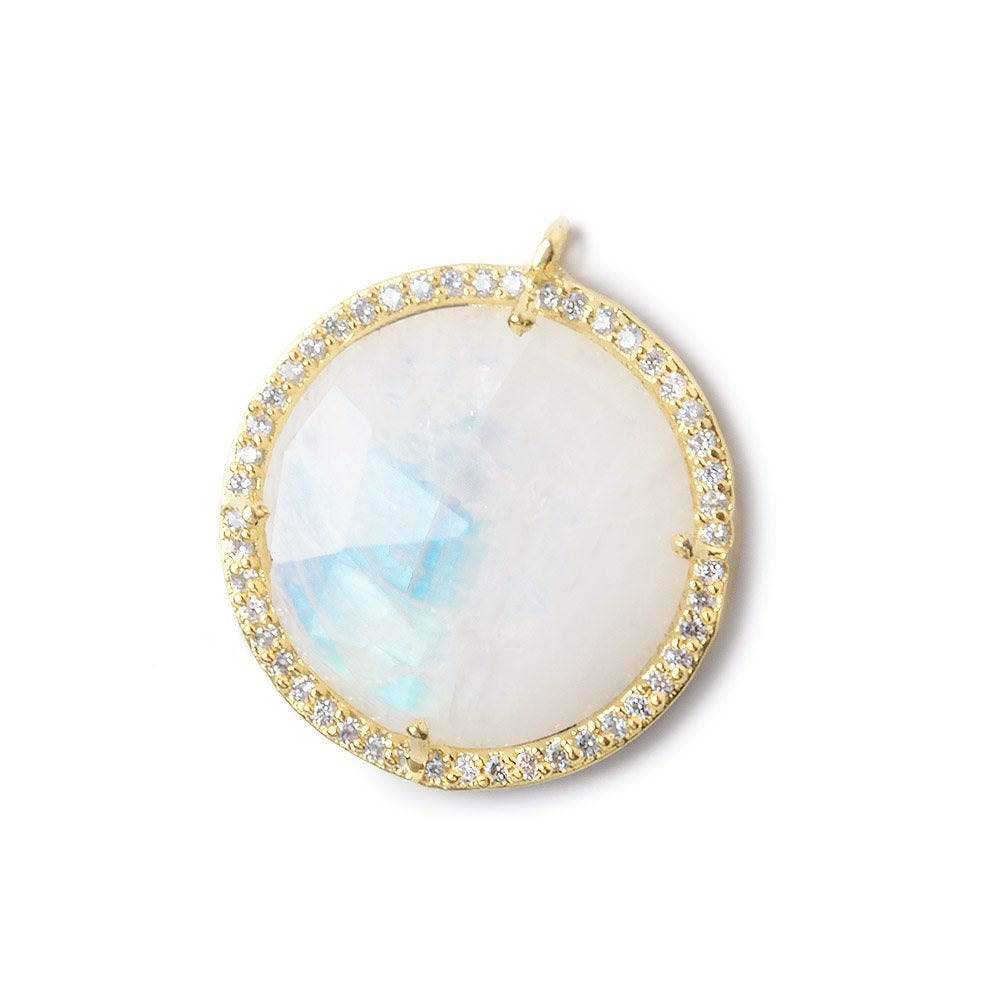 21mm Gold Bezel White CZ and Rainbow Moonstone Coin Pendant 1 focal bead - Beadsofcambay.com