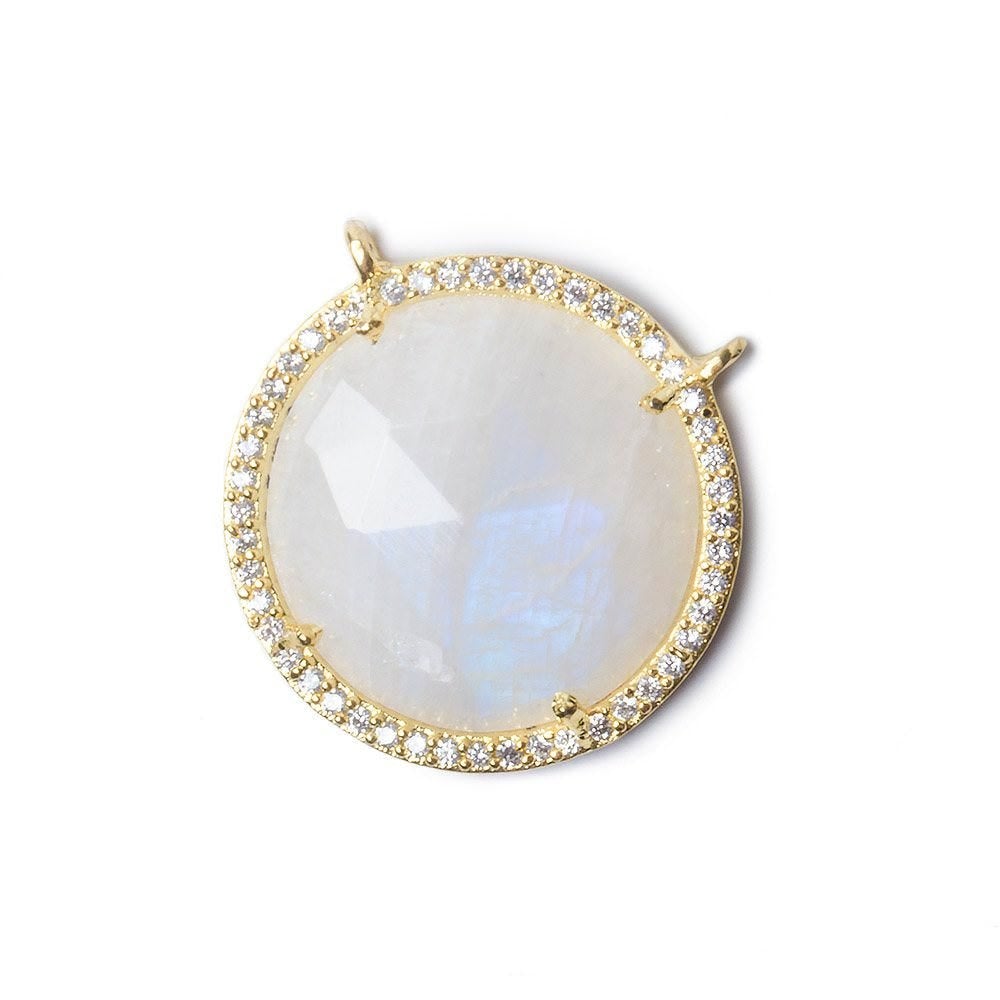 21mm Gold Bezel White CZ and Rainbow Moonstone Coin Top Ring Connector 1 focal bead - Beadsofcambay.com