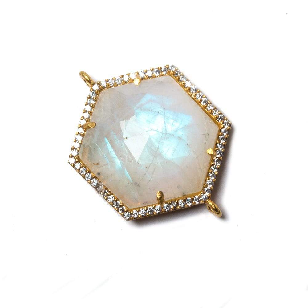 21mm Gold Bezel White CZ & Rainbow Moonstone Hexagon Connector 1 pc - Beadsofcambay.com