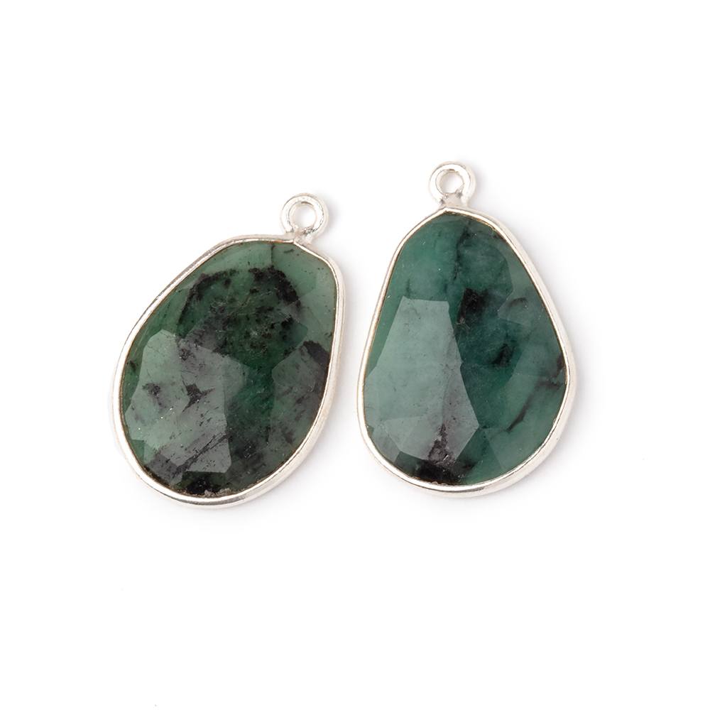 21x15.5mm .925 Silver Bezel Emerald Faceted Freeform Set of 2 Pendants - Beadsofcambay.com