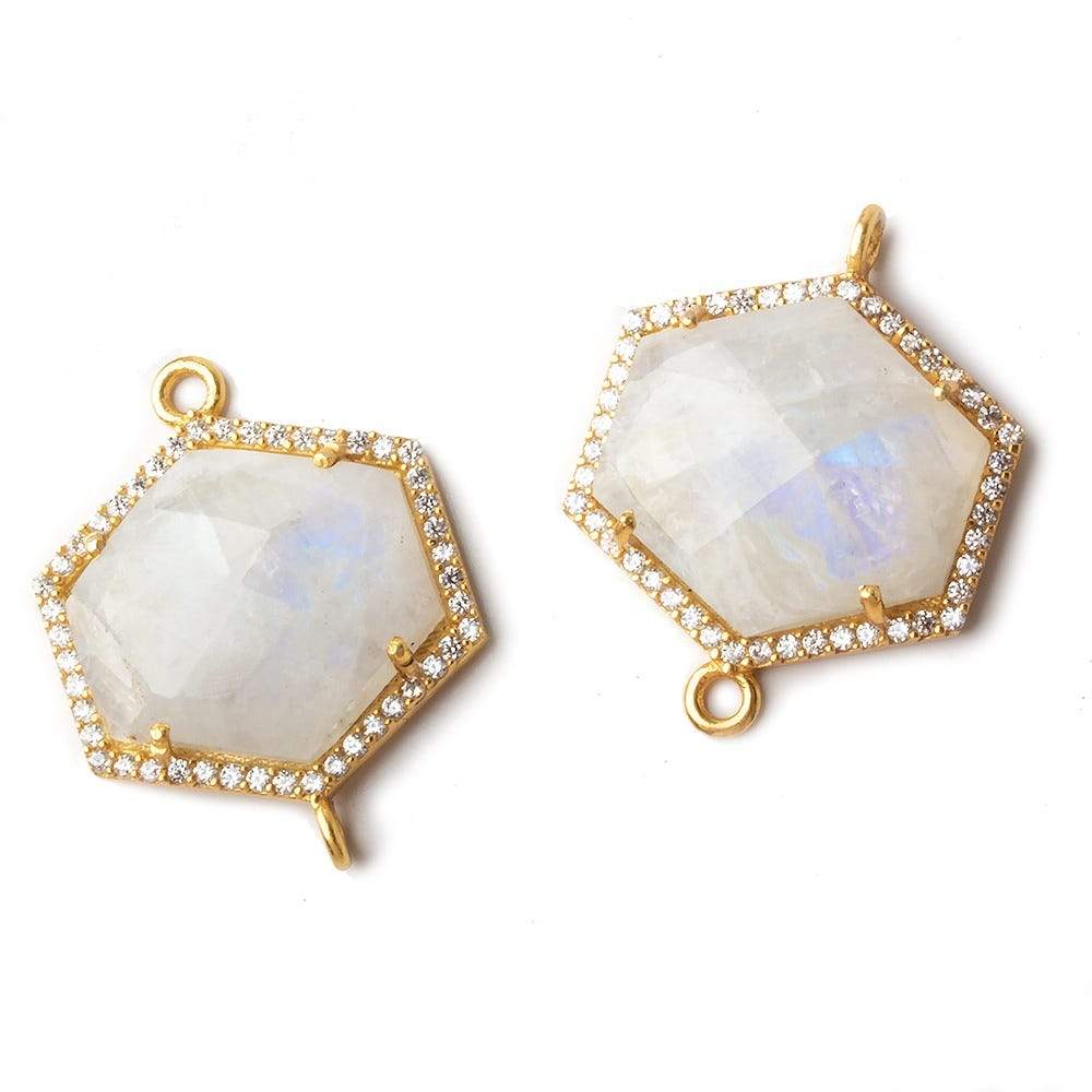 21x20mm Vermeil CZ Bezel Rainbow Moonstone Hexagon Connector 1 piece - Beadsofcambay.com