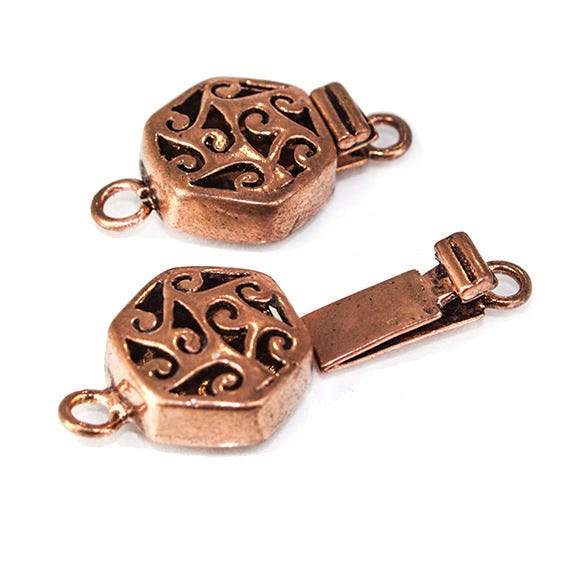 22x14x5mm Copper Hexagon Box Clasp with Scroll Design - Beadsofcambay.com