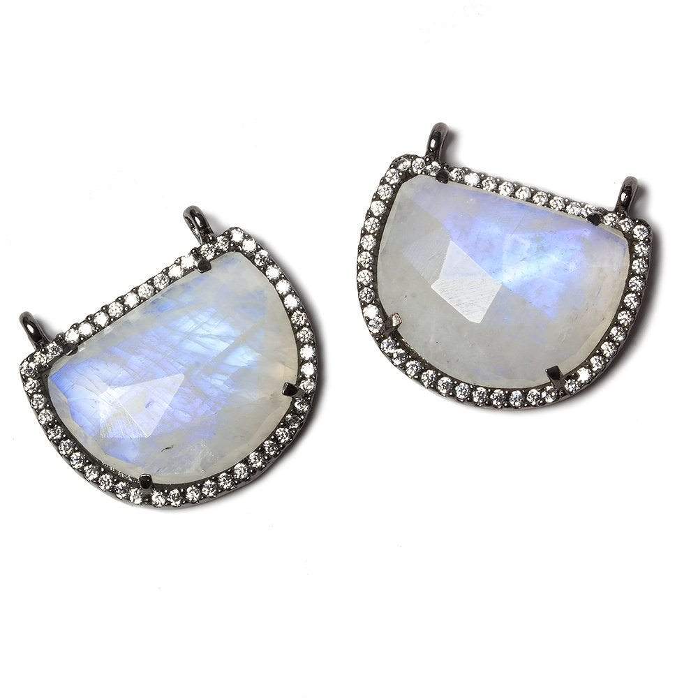 22x18mm Black Gold Bezel CZ & Rainbow Moonstone Half Moon East West Connector 1 focal bead - Beadsofcambay.com