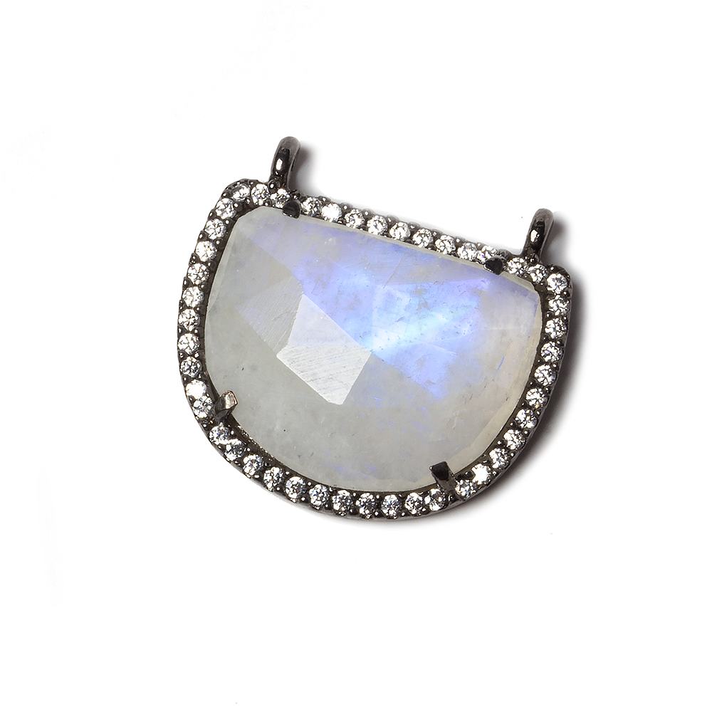 22x18mm Black Gold Bezel CZ & Rainbow Moonstone Half Moon East West Connector 1 focal bead - Beadsofcambay.com