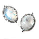22x18mm Black Gold Bezeled White CZ & Rainbow Moonstone Oval Connector 1 pc - Beadsofcambay.com
