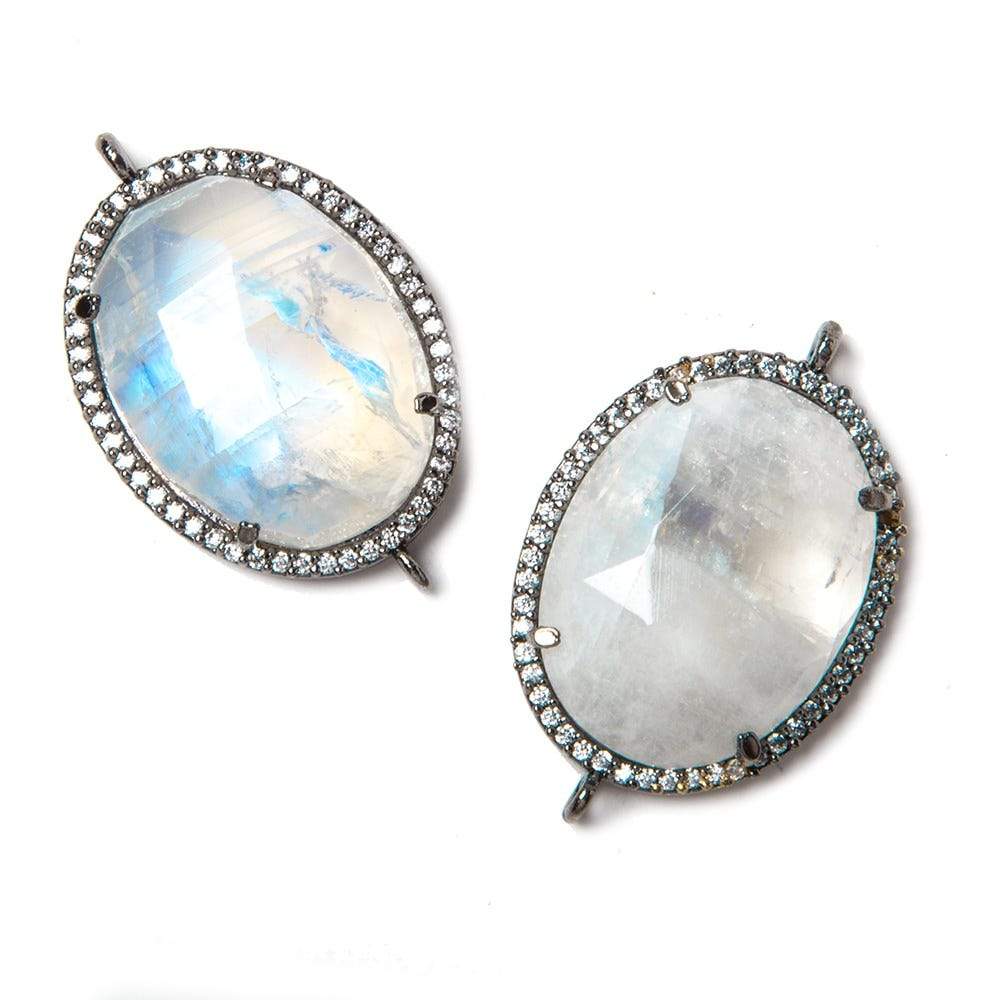22x18mm Black Gold Bezeled White CZ & Rainbow Moonstone Oval Connector 1 pc - Beadsofcambay.com