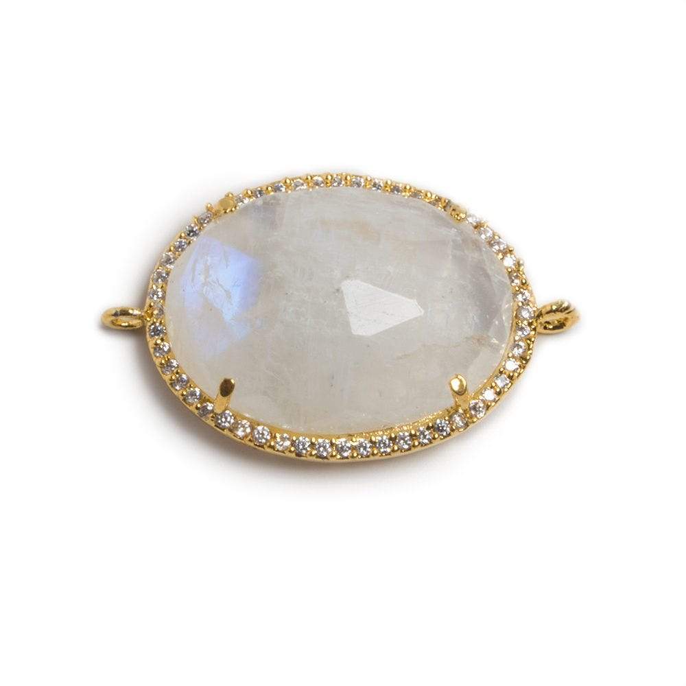 22x18mm Gold Bezeled White CZ & Rainbow Moonstone Oval Connector 1 pc - Beadsofcambay.com