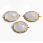 22x18mm Gold Bezeled White CZ & Rainbow Moonstone Oval Connector 1 pc - Beadsofcambay.com