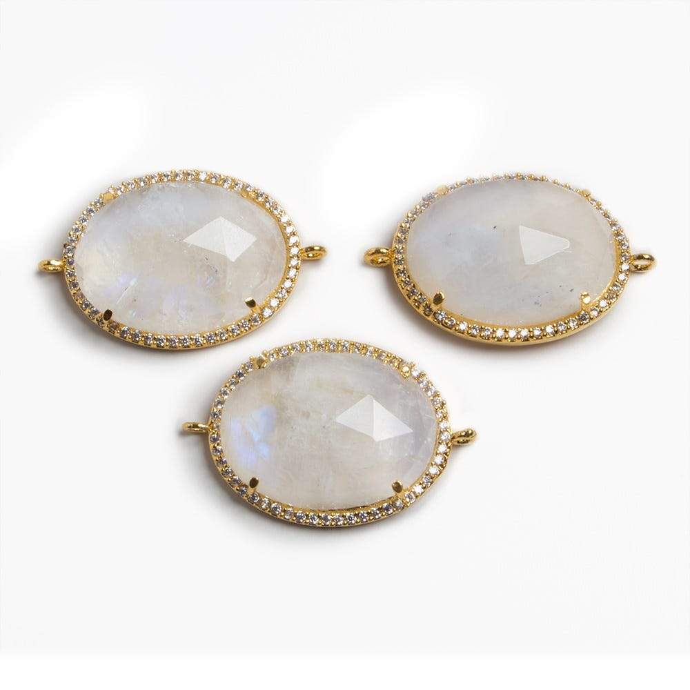 22x18mm Gold Bezeled White CZ & Rainbow Moonstone Oval Connector 1 pc - Beadsofcambay.com