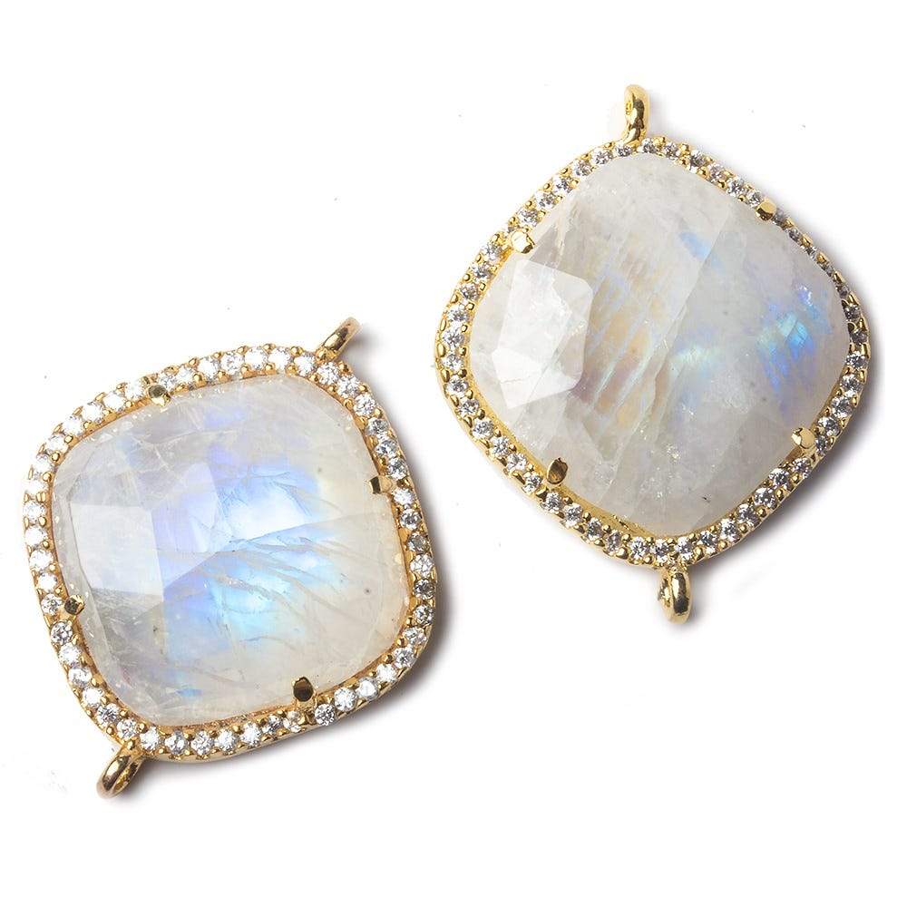 22x22mm Gold Bezeled White CZ and Rainbow Moonstone Pillow Connector 1 piece - Beadsofcambay.com