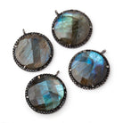 23mm Black Gold & Black CZ Bezel Labradorite Coin Pendant 1 Focal Bead - Beadsofcambay.com