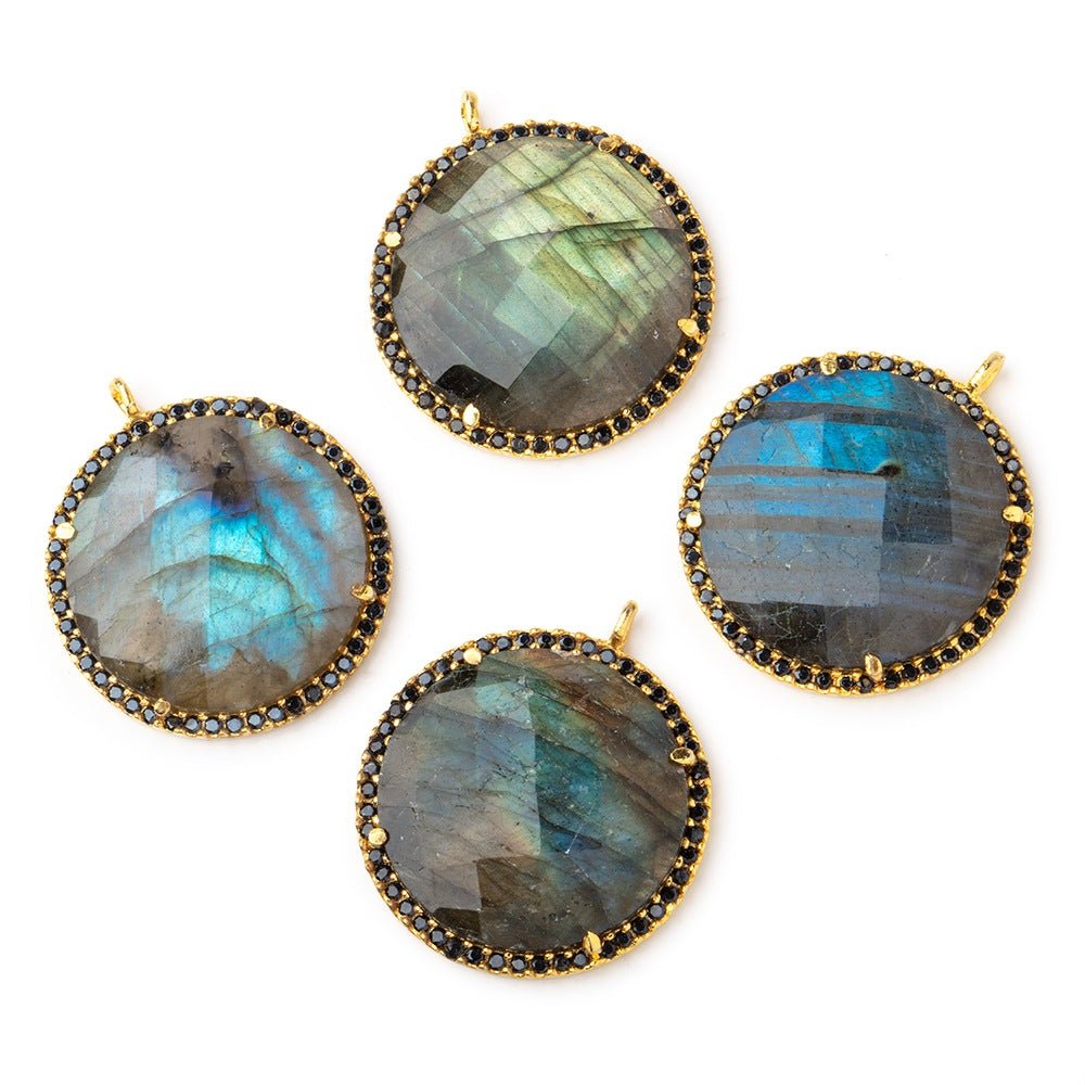 23mm Vermeil & Black CZ Bezel Labradorite Coin Pendant 1 Focal Bead - Beadsofcambay.com