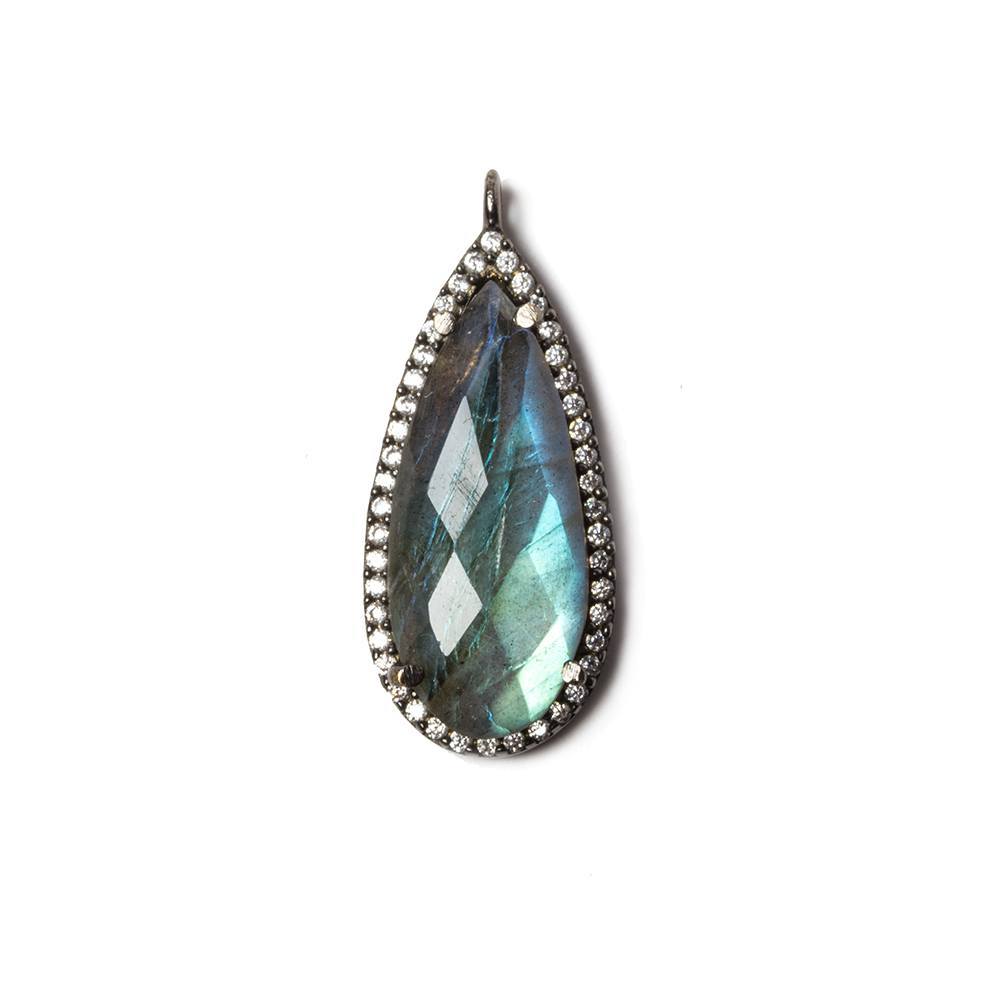 23x10mm Black Gold Bezel White Cubic Zirconia & Labradorite Pear Pendant 1 pc - Beadsofcambay.com