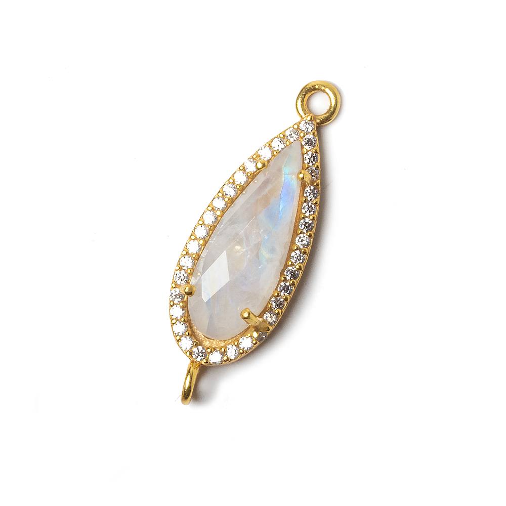 23x10mm Vermeil Bezeled White CZ & Rainbow Moonstone Pear Connector 1 pc - Beadsofcambay.com