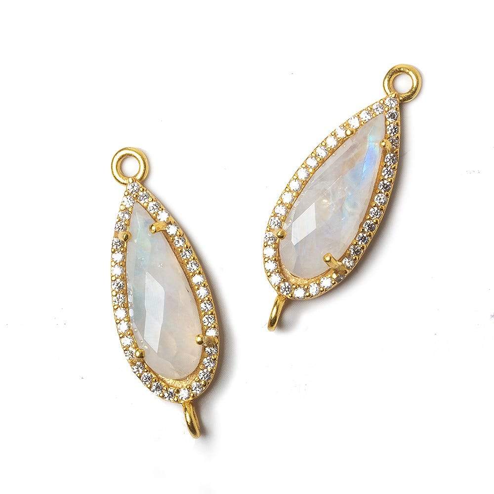 23x10mm Vermeil Bezeled White CZ & Rainbow Moonstone Pear Connector 1 pc - Beadsofcambay.com