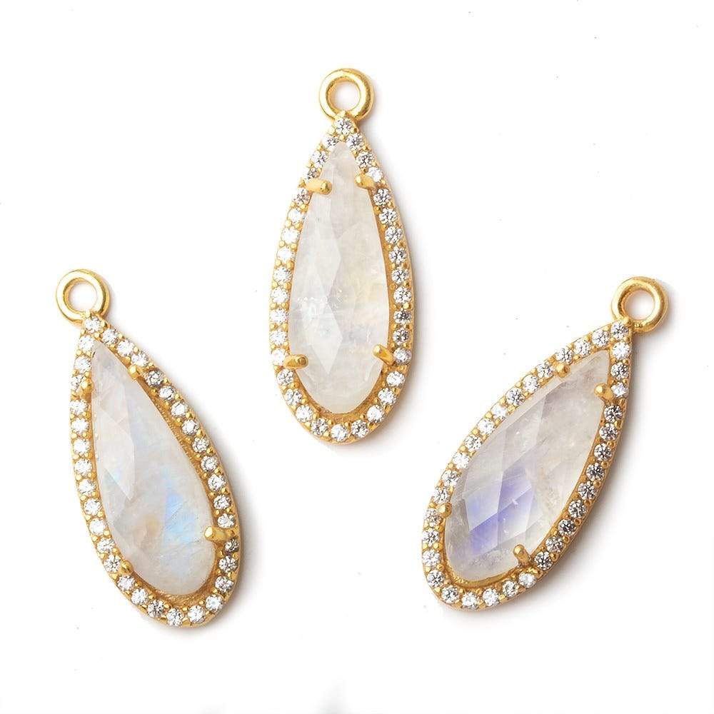 23x10mm Vermeil Bezeled White CZ & Rainbow Moonstone Pear Pendant 1 pc - Beadsofcambay.com