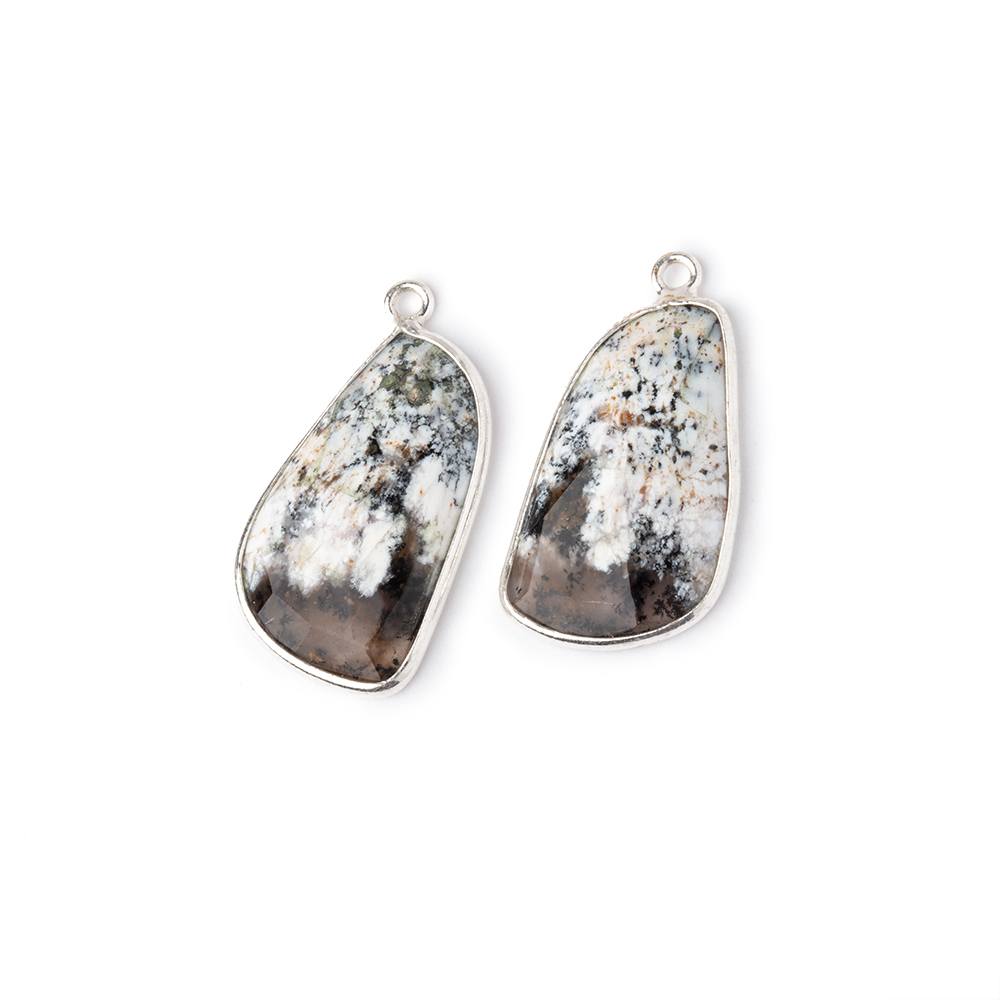 23x14mm .925 Silver Bezel Dendritic Opal Faceted Freeform Set of 2 Pendants - Beadsofcambay.com