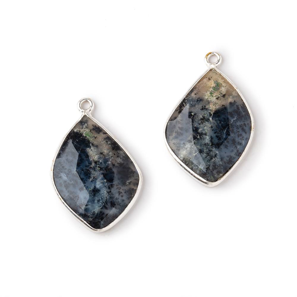 23x17mm .925 Silver Bezel Dendritic Opal Faceted Freeform Set of 2 Pendants - Beadsofcambay.com