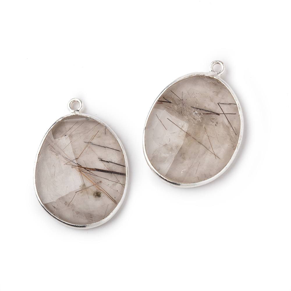 23x19mm .925 Silver Bezel Rutilated Quartz Faceted Freeform Set of 2 Pendants - Beadsofcambay.com