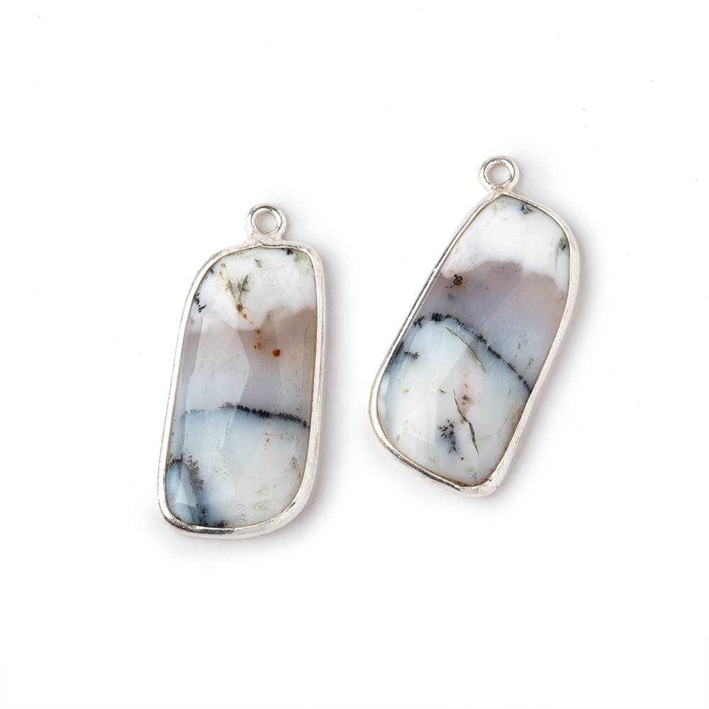 24x12mm .925 Silver Bezel Dendritic Opal Faceted Freeform Set of 2 Pendants - Beadsofcambay.com