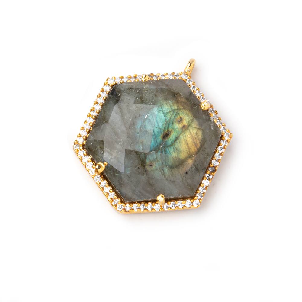 24x21mm Vermeil CZ Bezel Labradorite Hexagon Pendant 1 Focal Bead - Beadsofcambay.com