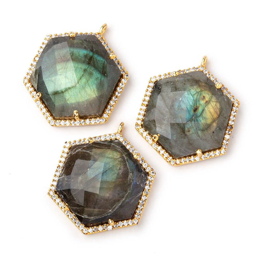 24x21mm Vermeil CZ Bezel Labradorite Hexagon Pendant 1 Focal Bead - Beadsofcambay.com