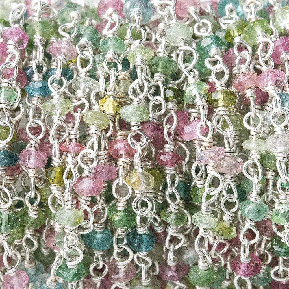 2.5-3mm Multi Color Tourmaline plain rondelle Silver Chain by the foot - Beadsofcambay.com