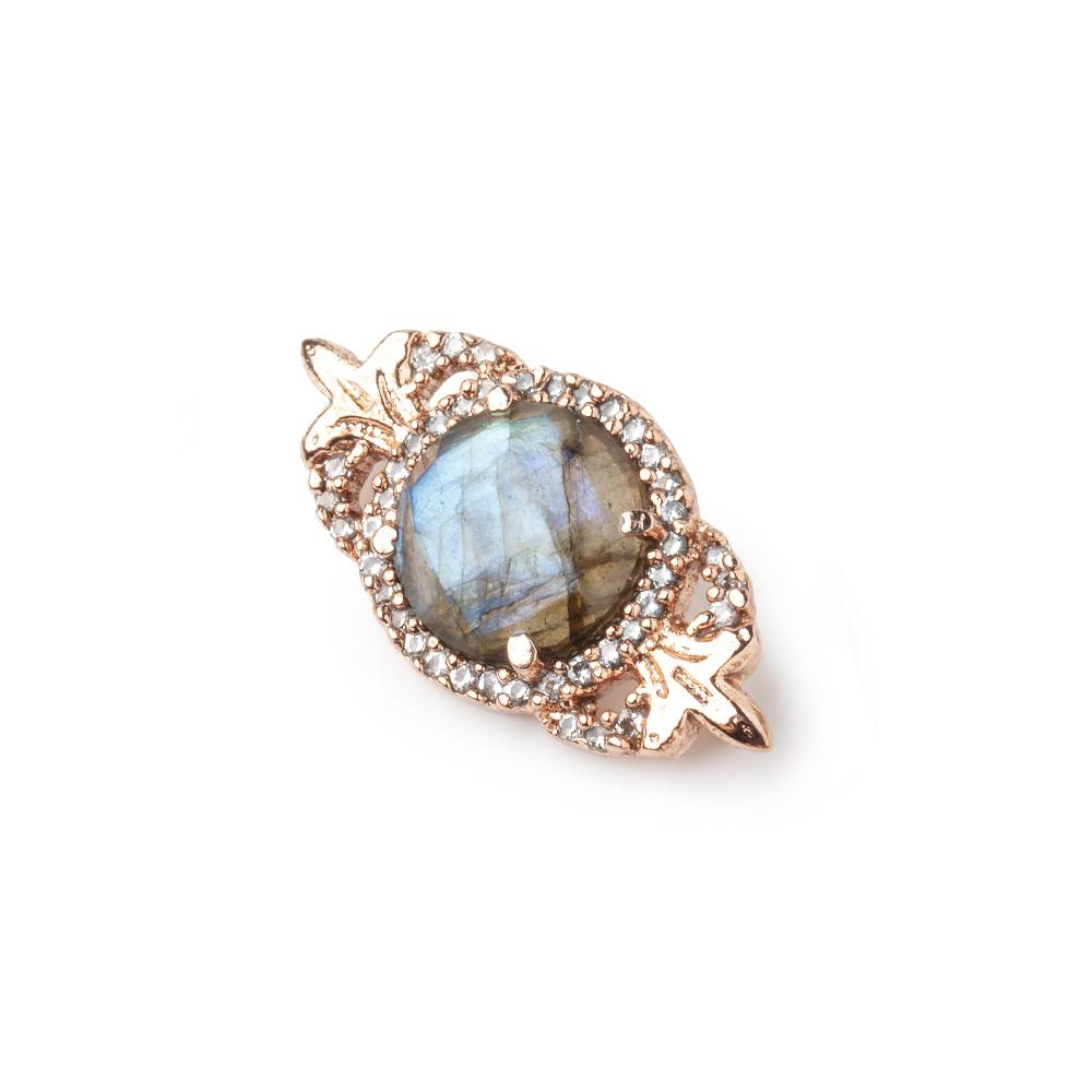 25x13mm Rose Gold Bezel CZ & Labradorite Fleur de lis Coin East West Connector 1 focal bead - Beadsofcambay.com