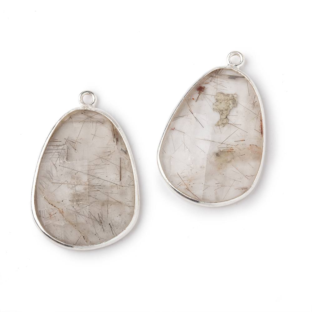 25x18mm .925 Silver Bezel Rutilated Quartz Faceted Freeform Set of 2 Pendants - Beadsofcambay.com