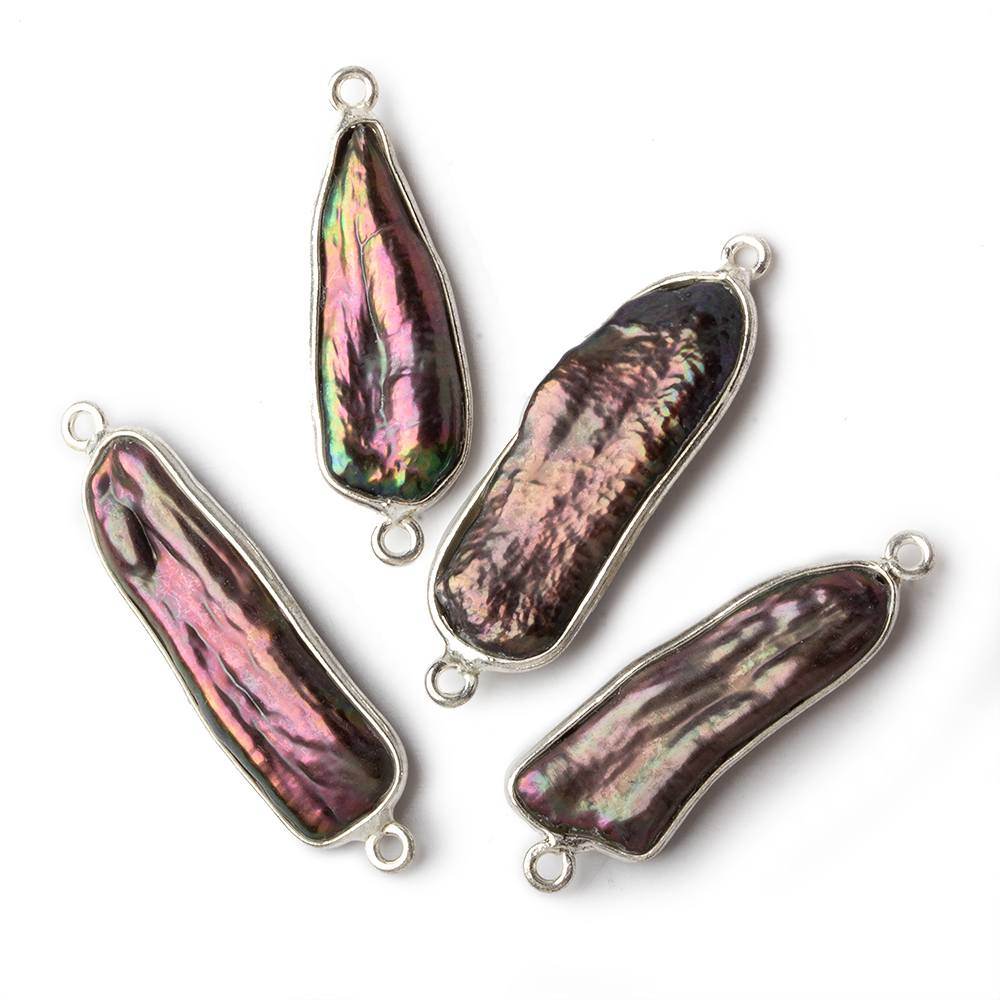 26x11mm Sterling Silver Bezel Peacock Biwa Pearl Connector 1 piece - Beadsofcambay.com