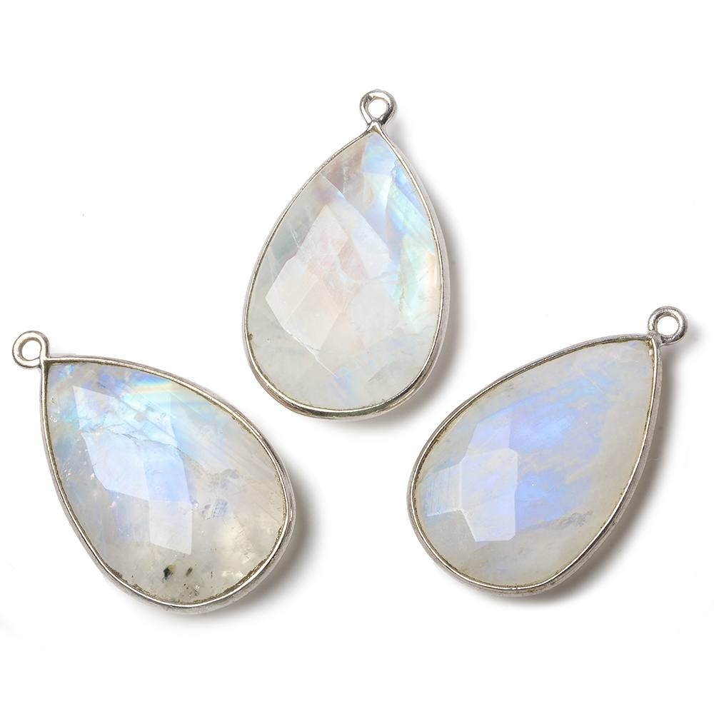 26x17mm Silver Bezel Rainbow Moonstone faceted pear Pendant 1 piece - Beadsofcambay.com