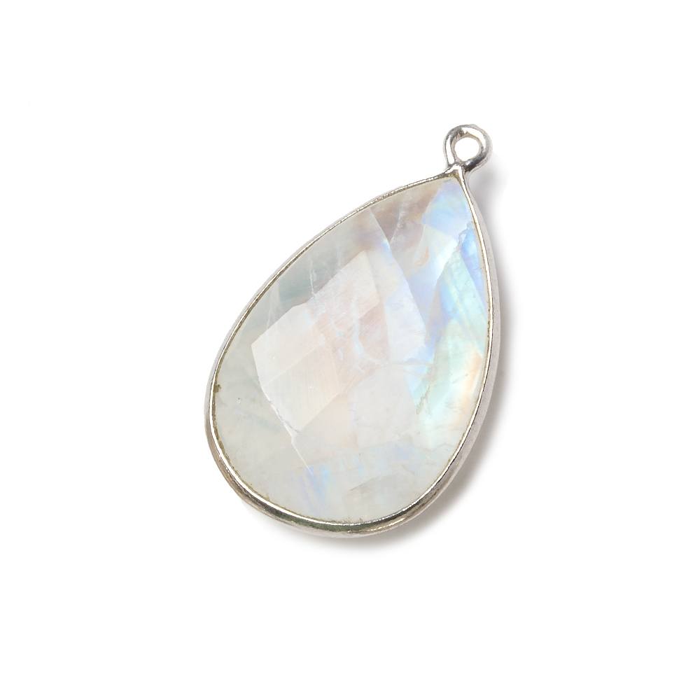 26x17mm Silver Bezel Rainbow Moonstone faceted pear Pendant 1 piece - Beadsofcambay.com