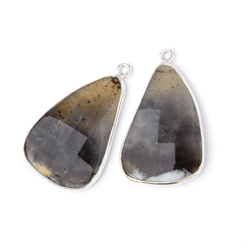 26x18mm .925 Silver Bezel Dendritic Opal Faceted Freeform Set of 2 Pendants - Beadsofcambay.com