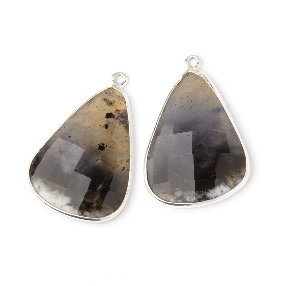 26x20mm .925 Silver Bezel Dendritic Opal Faceted Freeform Set of 2 Pendants - Beadsofcambay.com